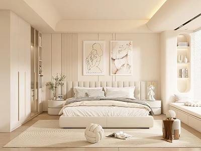 Modern Cream Style Home Bedroom Master Bedroom Fabric Double Bed Master Room Bedside Cabinet Wardrobe Bedset Combination 3d model