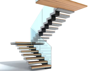 Modern Floating Staircase With Glass Railing And Wooden Steps Interior Design 3d model