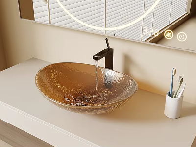 Bathroom Sink with Golden Glass Basin Black Faucet Flowing Water Toothbrush Cup and Mirror Background 3d model