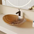 Bathroom Sink with Golden Glass Basin Black Faucet Flowing Water Toothbrush Cup and Mirror Background