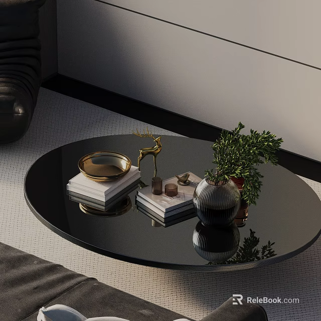 Elegant Sofa and Coffee Table Set with Black Round Table Gold Decor Books Green Plant 3d model 