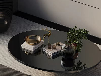 Elegant Sofa and Coffee Table Set with Black Round Table Gold Decor Books Green Plant 3d model