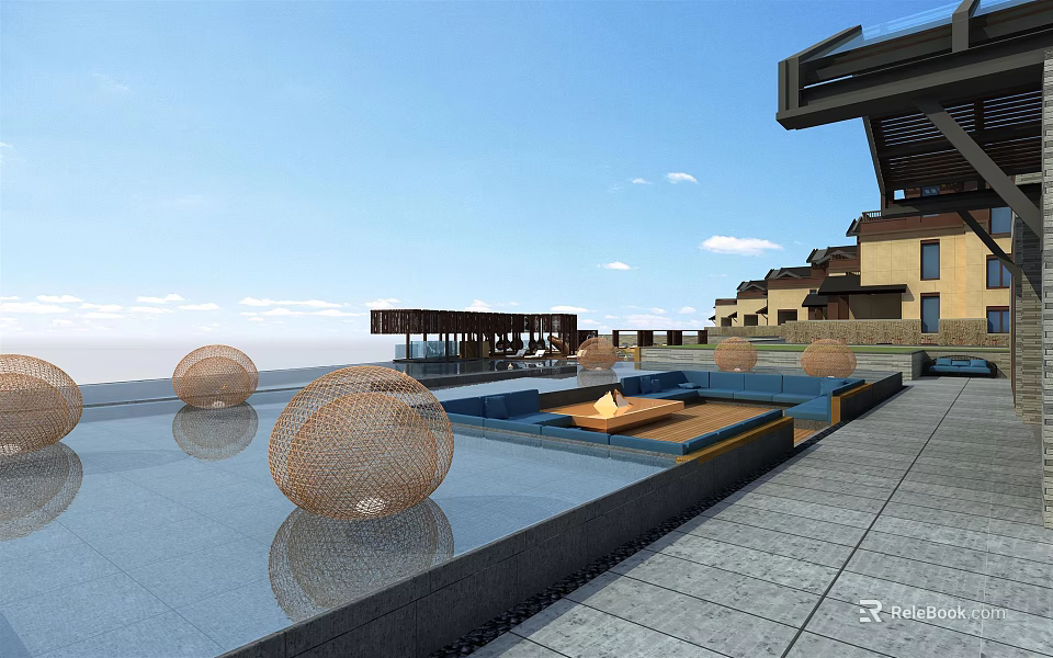 Modern Hotel Building Terrace With Swimming Pool Woven Spherical Decorations And Water Reflection 3d model 