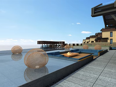 Modern Hotel Building Terrace With Swimming Pool Woven Spherical Decorations And Water Reflection 3d model