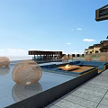 Modern Hotel Building Terrace With Swimming Pool Woven Spherical Decorations And Water Reflection