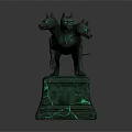 Mythical Horned Canine Creatures With Green Eyes Standing On Green Cracked Pedestal