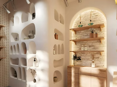 Modern Boutique Interior With White Walls Irregular Recessed Shelves Arched Decor And Wooden Plant Displays 3d model