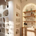 Modern Boutique Interior With White Walls Irregular Recessed Shelves Arched Decor And Wooden Plant Displays