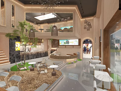 Milk Tea Shop Interior Design With Open Space Hanging Chandeliers Green Plants And Seating Area 3d model