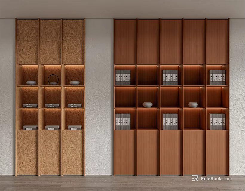 Modern Wooden Bookcase Interior With Open Shelves Books And Decorative Items 3d model 