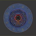 Circular Blue Structure With Red Vertical Supports And Central Ring Design