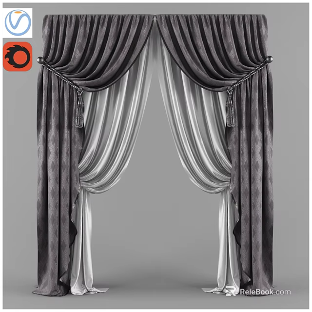 Modern Luxury Curtain Design With Gray Velvet And White Sheer Panels 3d model 