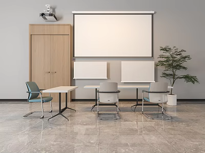 Modern Conference Table Interior With Chairs Projector Whiteboard And Plant 3d model