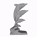 Three Leaping Dolphins Decorative Ornament Set With Wooden Wave Base Sunset Sky Sunlight And Clouds