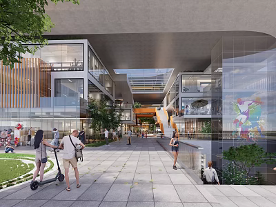 Vibrant Modern Commercial Street With Pedestrians Greenery And Open Walkways 3d model