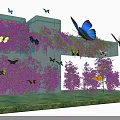 Blooming Purple Flowers With Colorful Butterflies Around Glass Structure And Green Grass