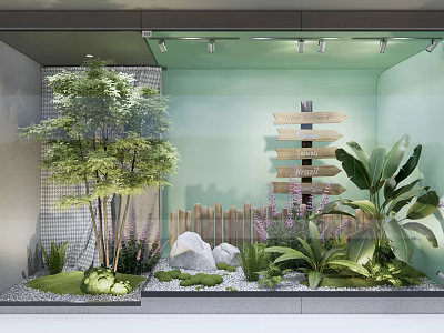 Shop Window Display With Green Plants Wooden Arrows Stones Fence Spotlights And Light Green Background 3d model