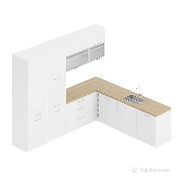 Modern White Corner Kitchen Cabinets With Wooden Countertop Drawers And Sink 3d model 