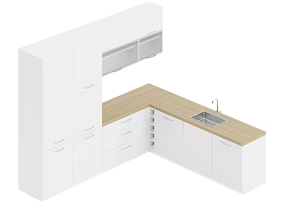 Modern White Corner Kitchen Cabinets With Wooden Countertop Drawers And Sink 3d model