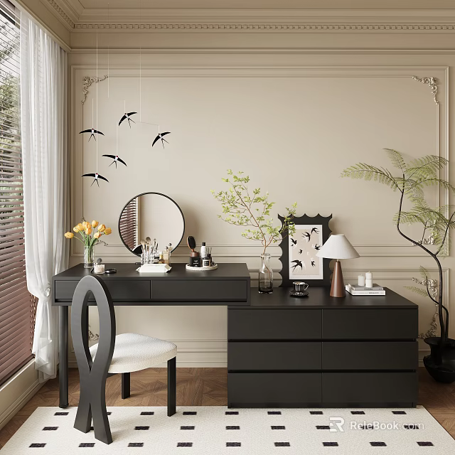 Elegant Black Vanity Table With Round Mirror And Decorative Plants 3d model 