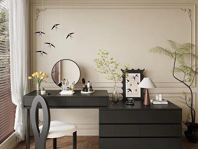 Elegant Black Vanity Table With Round Mirror And Decorative Plants 3d model