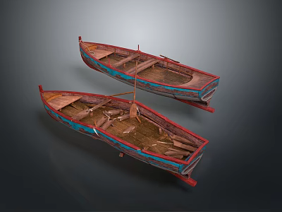 Two Vintage Traditional Wooden Boats with Weathered Wood Structure and Red Blue Accents 3d model