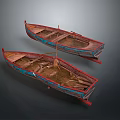 Two Vintage Traditional Wooden Boats with Weathered Wood Structure and Red Blue Accents