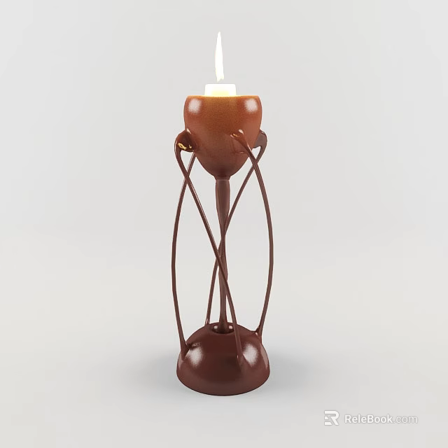 Stylish Brown Candle Lamp With Curved Metal Stand Red Holder Lit Candle And Stable Base 3d model 