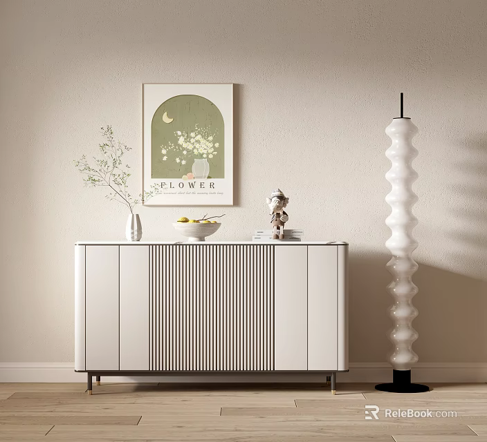 Modern Entryway Console Table With Vase Greenery Artwork And Floor Lamp 3d model