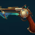 Ornate Steampunk Fantasy Weapon Pistol Featuring Blue Gemstones Wooden Grip And Glowing Blade