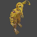 Creepy Yellow Damaged Robot With Blood Stained Body And Worn Parts