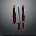 Traditional Japanese Swords with Red Scabbards Golden Decorations Silver Blades Placed Side by Side