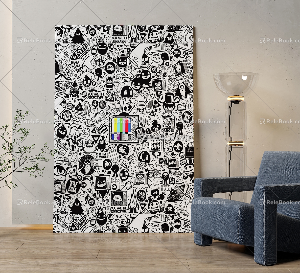 Decorative Painting Black and White Painting Carto Painting Line Painting Hanging Painting 3d model