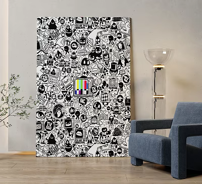 Black And White Abstract Painting With Various Symbols Patterns And Colorful Square In Living Room 3d model