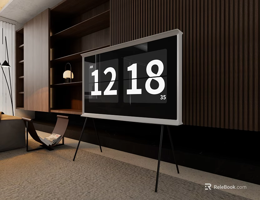 Modern TV on Tripod Stand in Living Room with Wooden Wall Displaying Time and Temperature 3d model 
