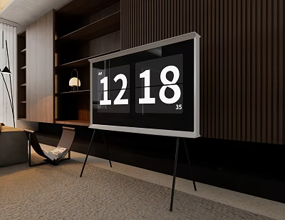 Modern TV on Tripod Stand in Living Room with Wooden Wall Displaying Time and Temperature 3d model