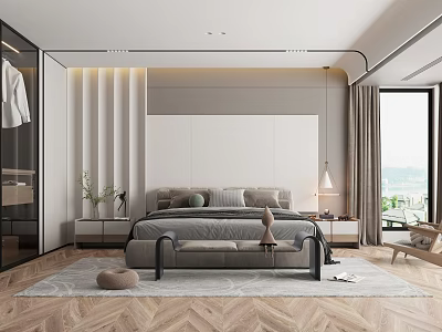 Modern Bedroom Interior Design With Herringbone Floor Paneled Wall Accent Chair And Rug 3d model