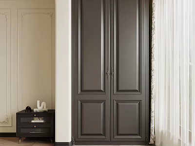 Elegant Modern Bedroom Interior With Dark Gray Double Door Wardrobe And Wooden Nightstand 3d model