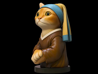 Artistic Cat Doll Wearing Blue Yellow Headscarf And Brown Outfit Figurine 3d model