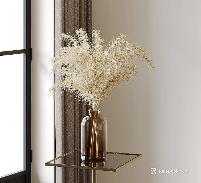 Pampas Grass Flowers in Brown Glass Vase on Glass Table Near Window Curtains 3d model 