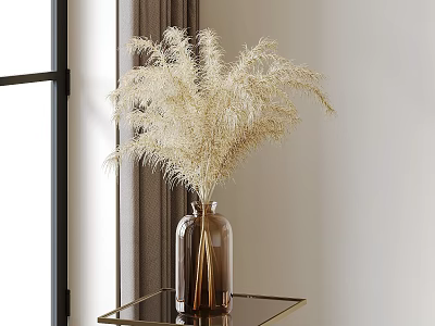 Pampas Grass Flowers in Brown Glass Vase on Glass Table Near Window Curtains 3d model