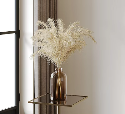Pampas Grass Flowers in Brown Glass Vase on Glass Table Near Window Curtains 3d model
