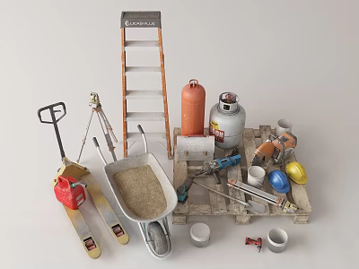 Essential Hardware Tools Collection Featuring Ladder Wheelbarrow Gas Cylinder Safety Helmet Shovel and Pallet 3d model
