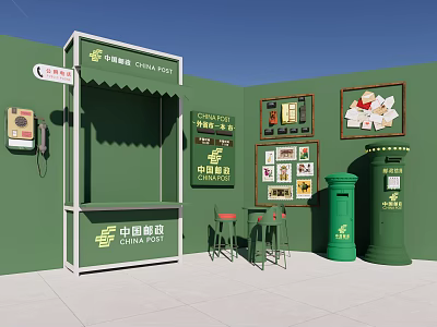 China Post Service Kiosk With Green Postbox Telephone Booth Posters And Seating 3d model