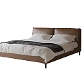 Modern Double Bed with Brown Leather Headboard Black Thin Legs White Sheets and Pillows