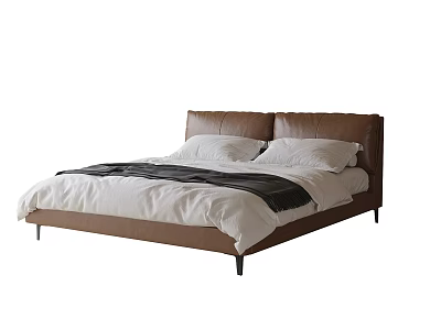 Modern Double Bed with Brown Leather Headboard Black Thin Legs White Sheets and Pillows 3d model