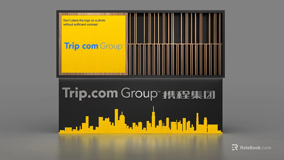 Trip.com Group Background Wall With Yellow Design Text Elements City Skyline Silhouette And Brand Logo 3d model 
