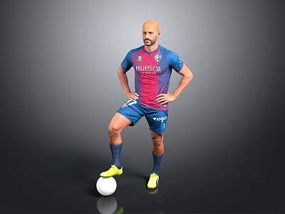 Woman In Blue And Red Soccer Uniform Standing With Football On Gray Background 3d model