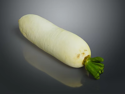Fresh White Radish With Green Leaves On Gray Reflective Surface 3d model