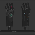 Futuristic Black Mechanical Gloves With Green Gem Accents On Display Stands 3d model